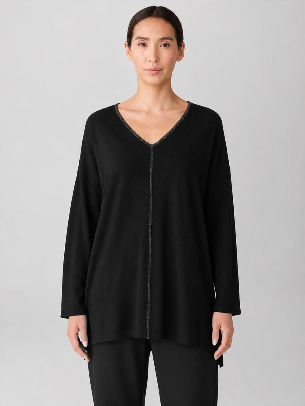 Eileen Fisher Merino Wool Metallic Trim V Neck Sweater Black Women Size S